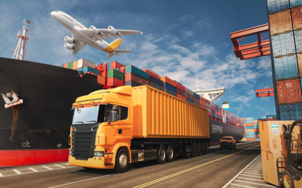 Transportation and logistics of Container Cargo ship and Cargo plane. 3d rendering and illustration.